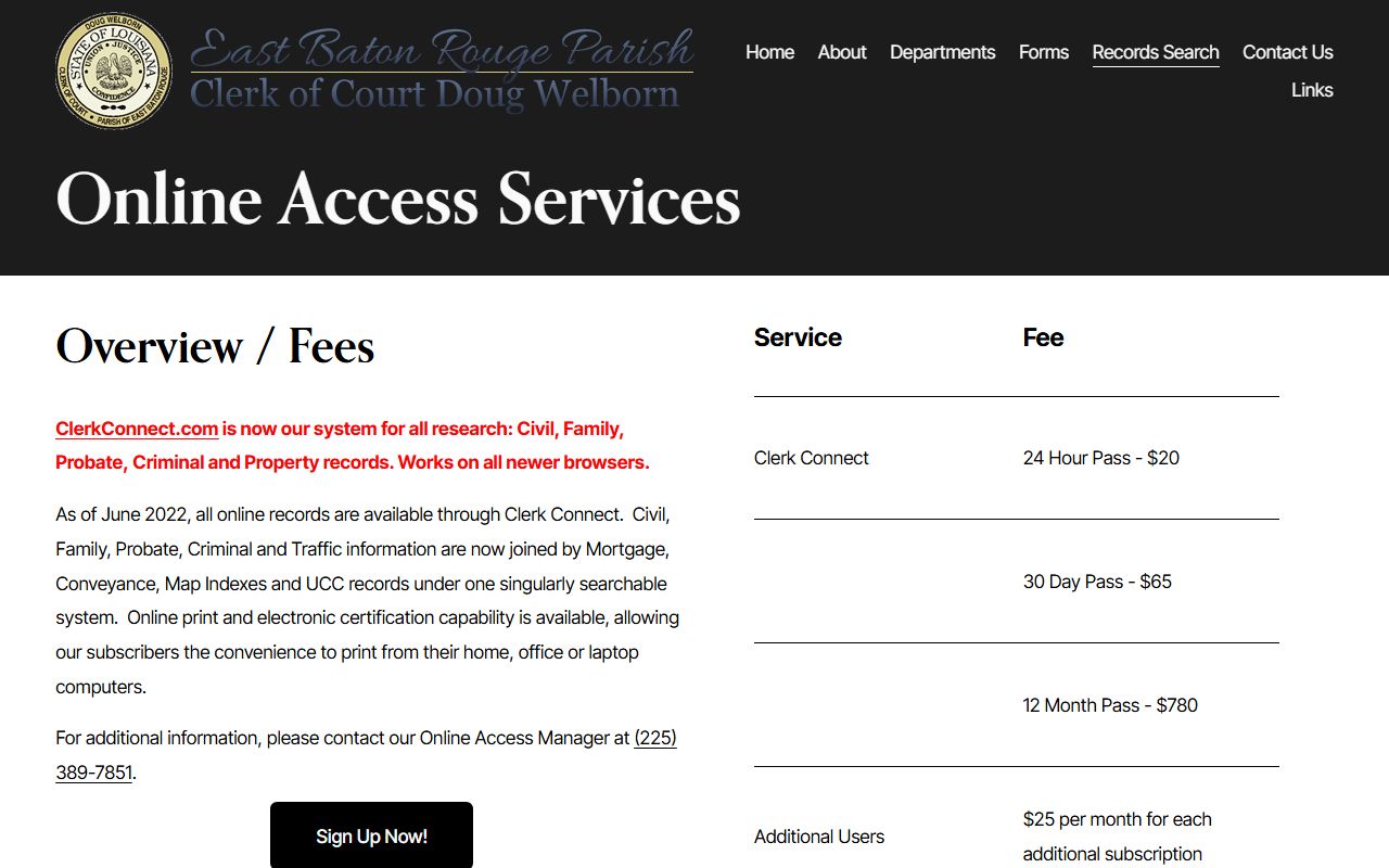 EBR Clerk ClerkConnect online access portal for Baton Rouge dissolution of marriage case searches