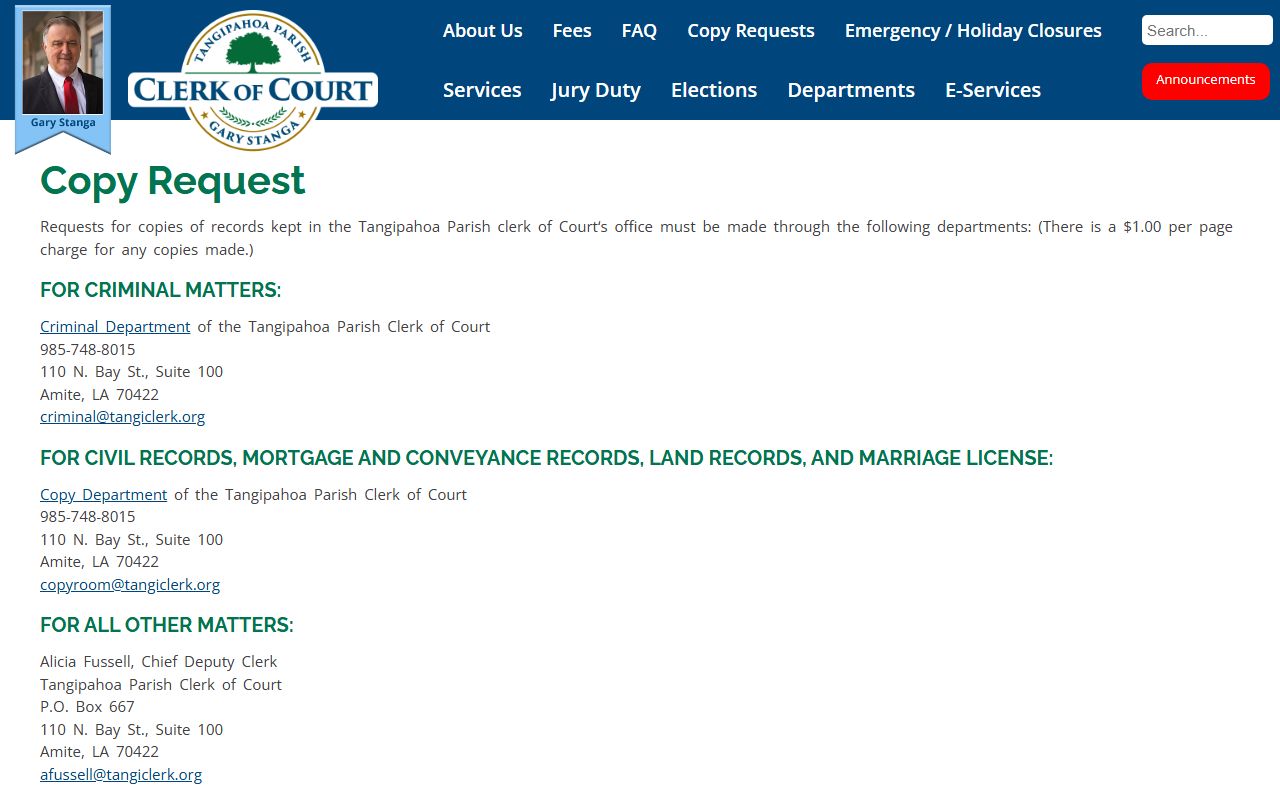 Tangipahoa Parish Clerk copy requests page for Hammond dissolution of marriage records