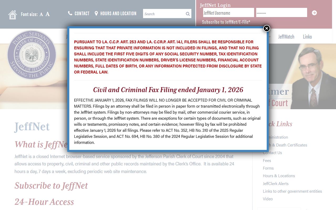 JeffNet login page for online access to Jefferson Parish dissolution of marriage records including Metairie cases