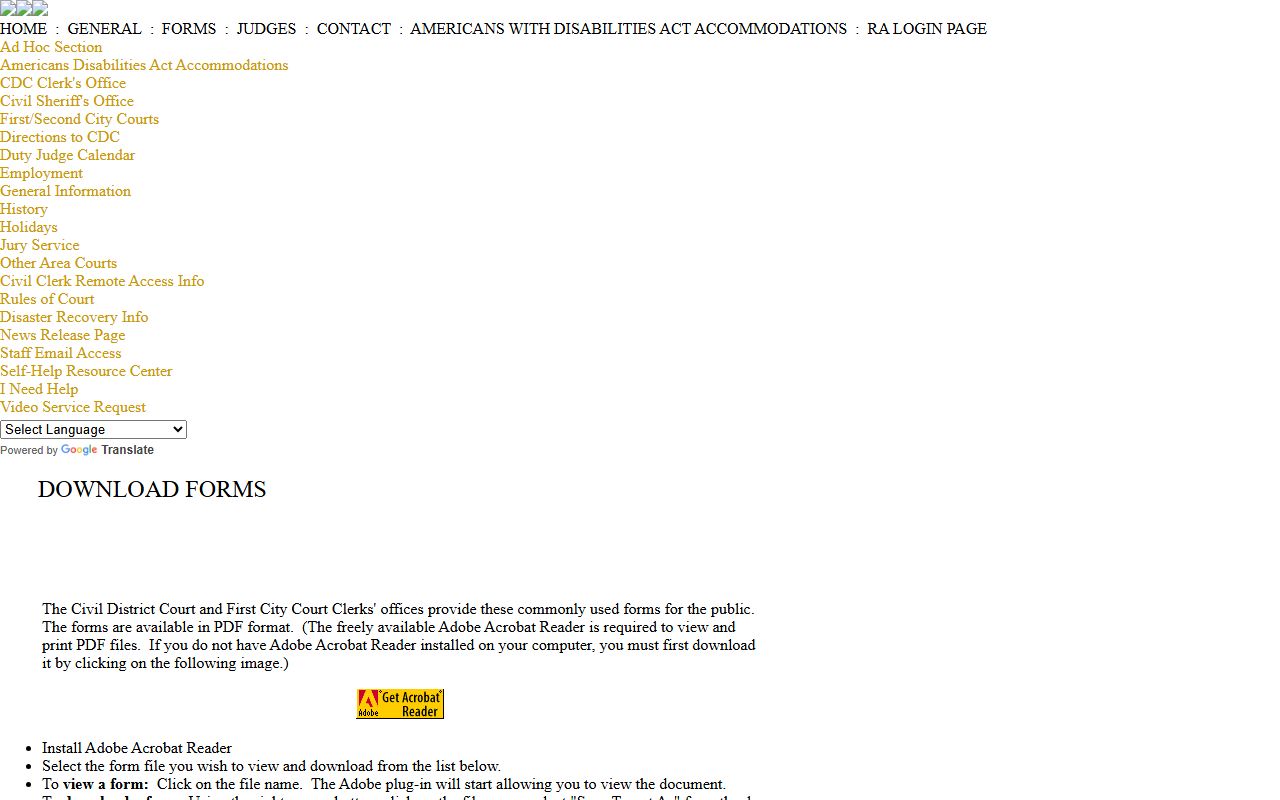 Orleans Parish Civil District Court forms page with New Orleans dissolution of marriage documents