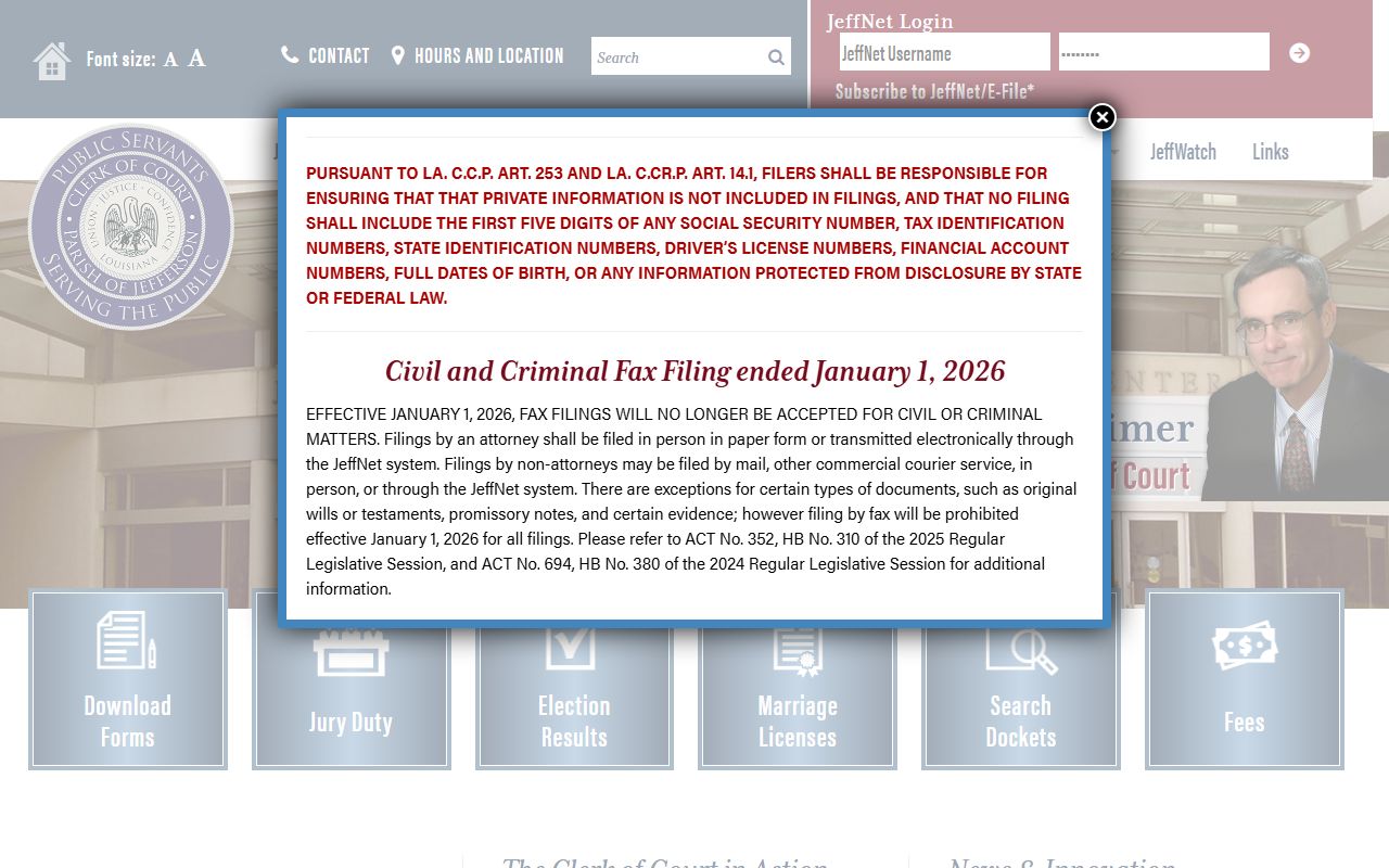 Jefferson Parish Clerk of Court website for Terrytown dissolution of marriage records