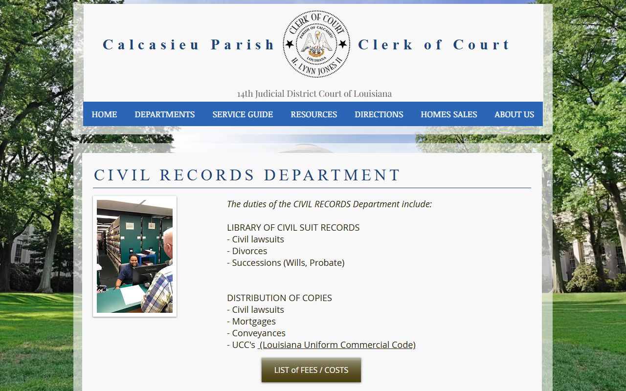 Calcasieu Parish civil records department page for dissolution of marriage case access and research