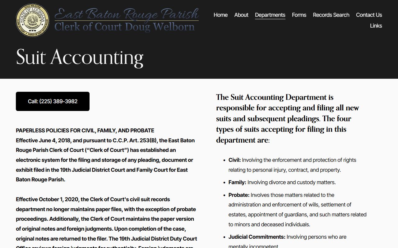 East Baton Rouge Parish Clerk of Court suit accounting page showing dissolution of marriage case categories and filing types