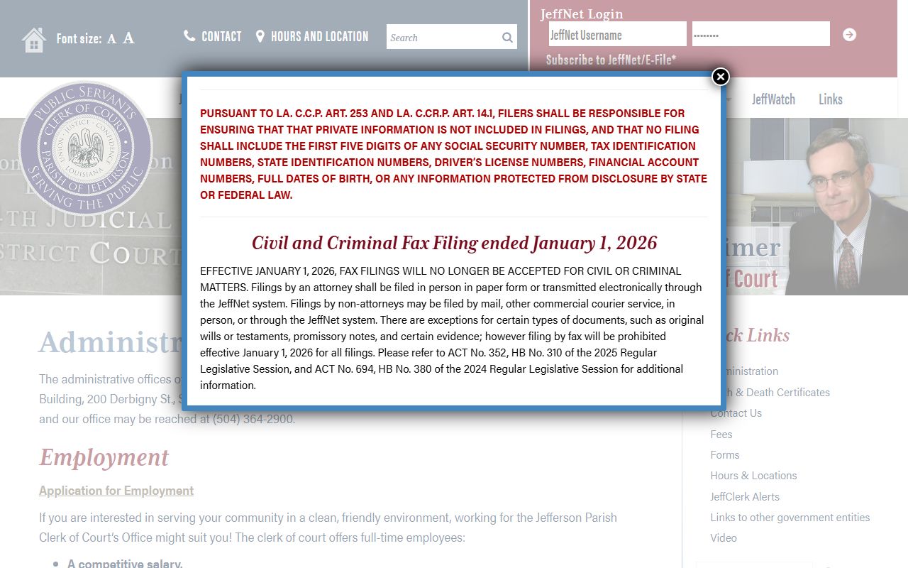 Jefferson Parish Clerk of Court about page showing dissolution of marriage services and office information