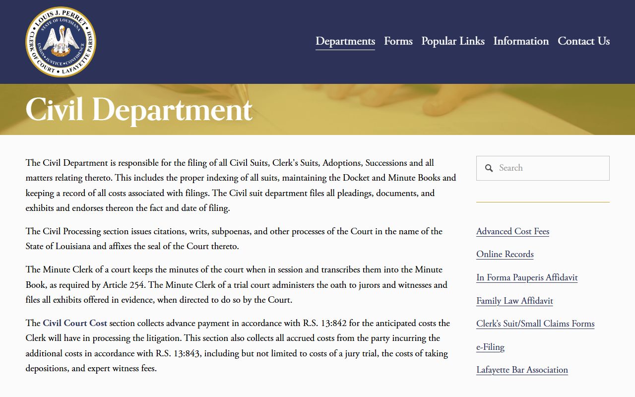 Lafayette Parish Clerk civil records division page for dissolution of marriage filings and case access