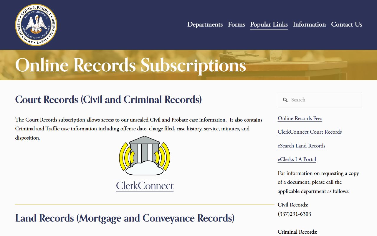 Lafayette Parish Clerk of Court online records portal for dissolution of marriage case index searches