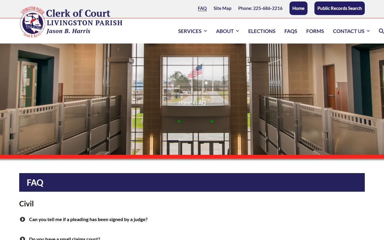 Livingston Parish Clerk of Court FAQs page for dissolution of marriage and public records questions