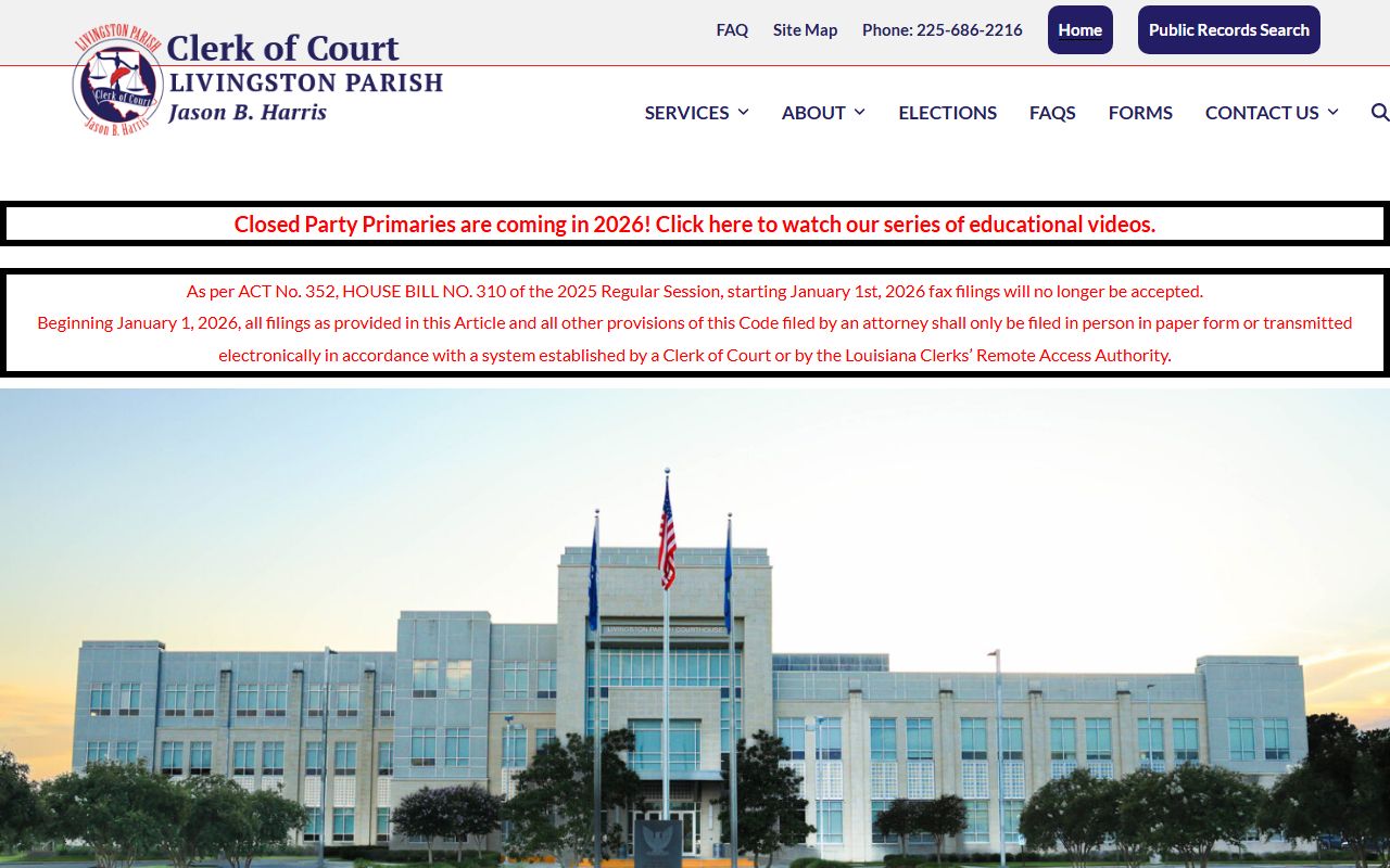 Livingston Parish Clerk of Court website for dissolution of marriage records