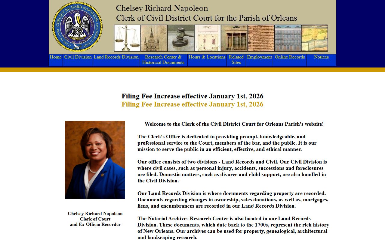 Orleans Parish Civil District Court Clerk website for dissolution of marriage records and case access