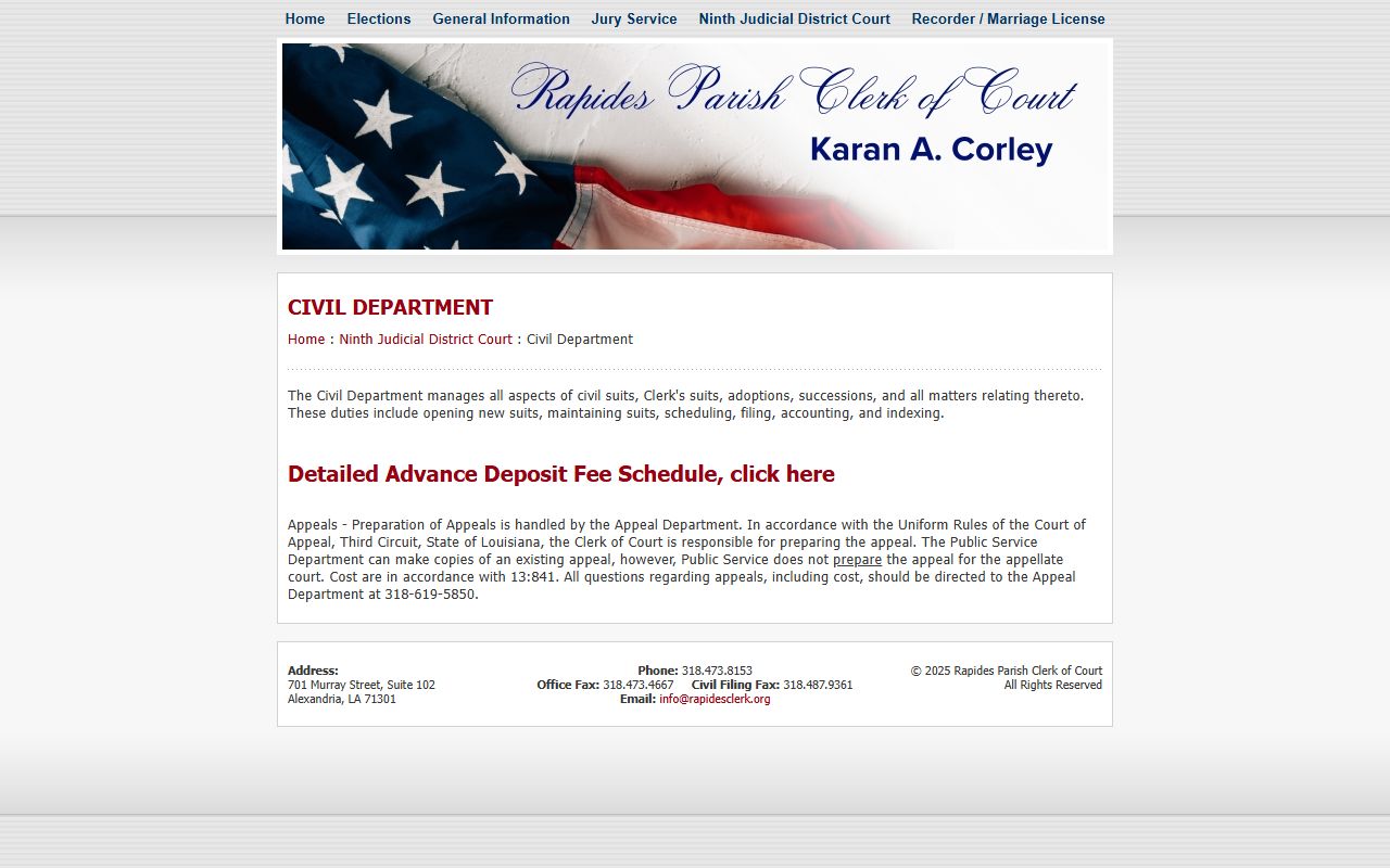 Rapides Parish Clerk of Court Civil Department page showing dissolution of marriage filing procedures