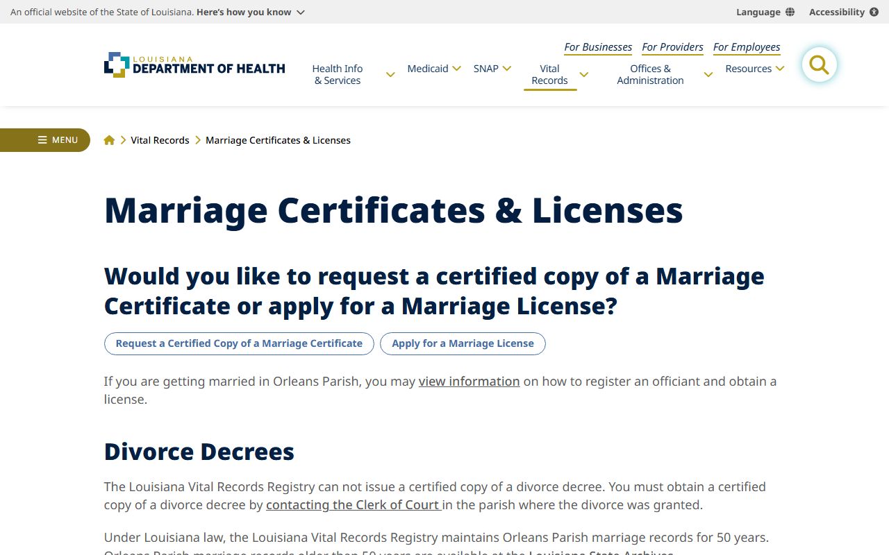Louisiana LDH marriage certificates and licenses page clarifying dissolution of marriage record sources