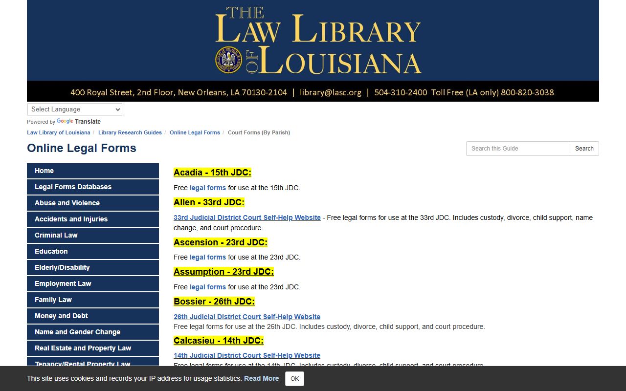 Louisiana State Bar court forms page with dissolution of marriage petitions and related forms